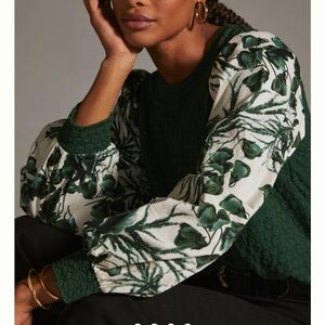 Anthropologie Porridge Sweatshirt Dark Green White Leaf Top Textured Sz XS